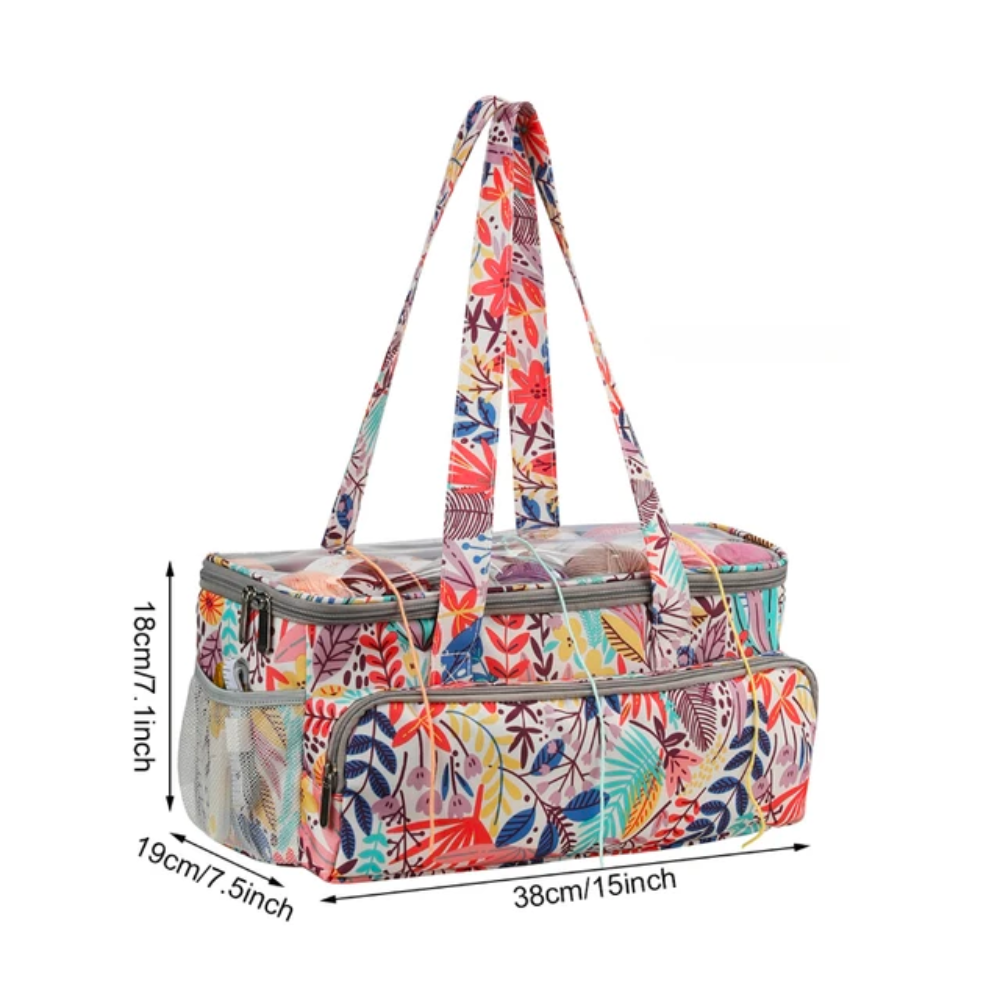 The Crochet Knitting Bag Organizer (Bundle8) features a vibrant floral design and serves as both a picnic bag and yarn storage solution. It includes two handles and zippered compartments, measuring 38cm x 19cm x 18cm, making it ideal for outdoor trips or keeping knitting accessories neatly organized.