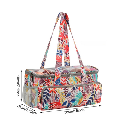 Crochet Knitting Bag Organizer with colorful leaf pattern, designed as a high-quality yarn storage bag for crafting, and dimensions labeled.