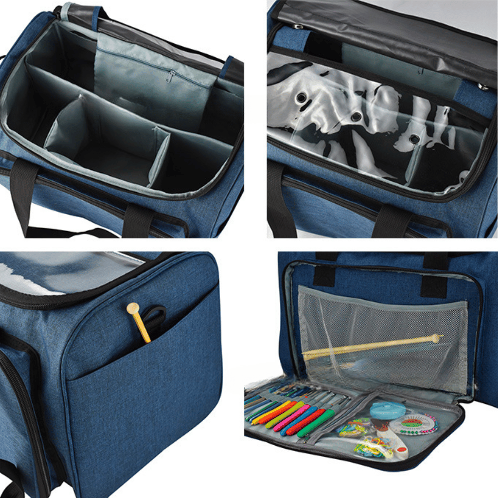 A set of four images showcasing the various compartments and storage options of a Large Yarn Organizer Bag designed for craft storage, including yarn storage and knitting accessories.