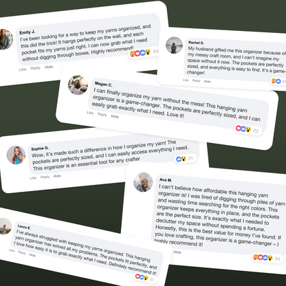 A collage of customer reviews highlights the Hanging Yarn Organizer’s convenience, various pocket sizes, and its positive effect on yarn storage and organization.