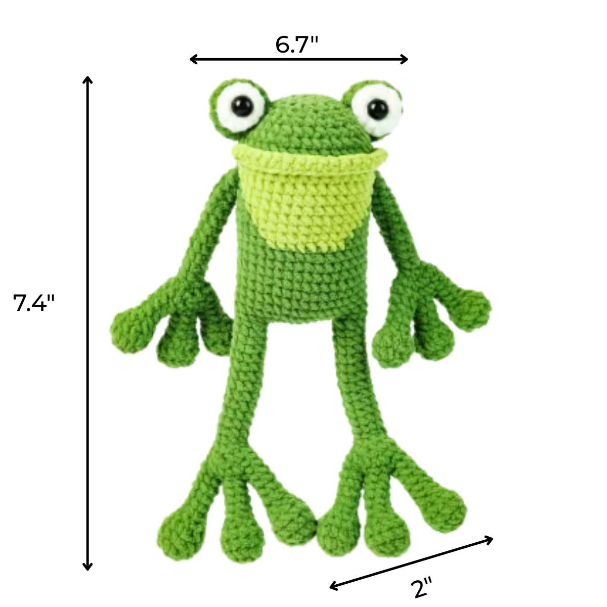 The Crochet Frog Kit makes a fun green amigurumi frog with large eyes, a light green mouth patch, and big hands and feet. Finished toy measures 7.4" tall, with a 6.7" armspan and 2" foot width—great for beginner crocheters!.