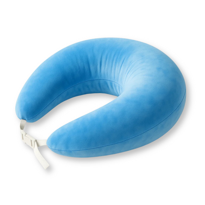 The Crochet & Knit Support Pillow is a blue U-shaped neck pillow with a white adjustable strap, designed for comfort and tension relief, displayed on a white background.