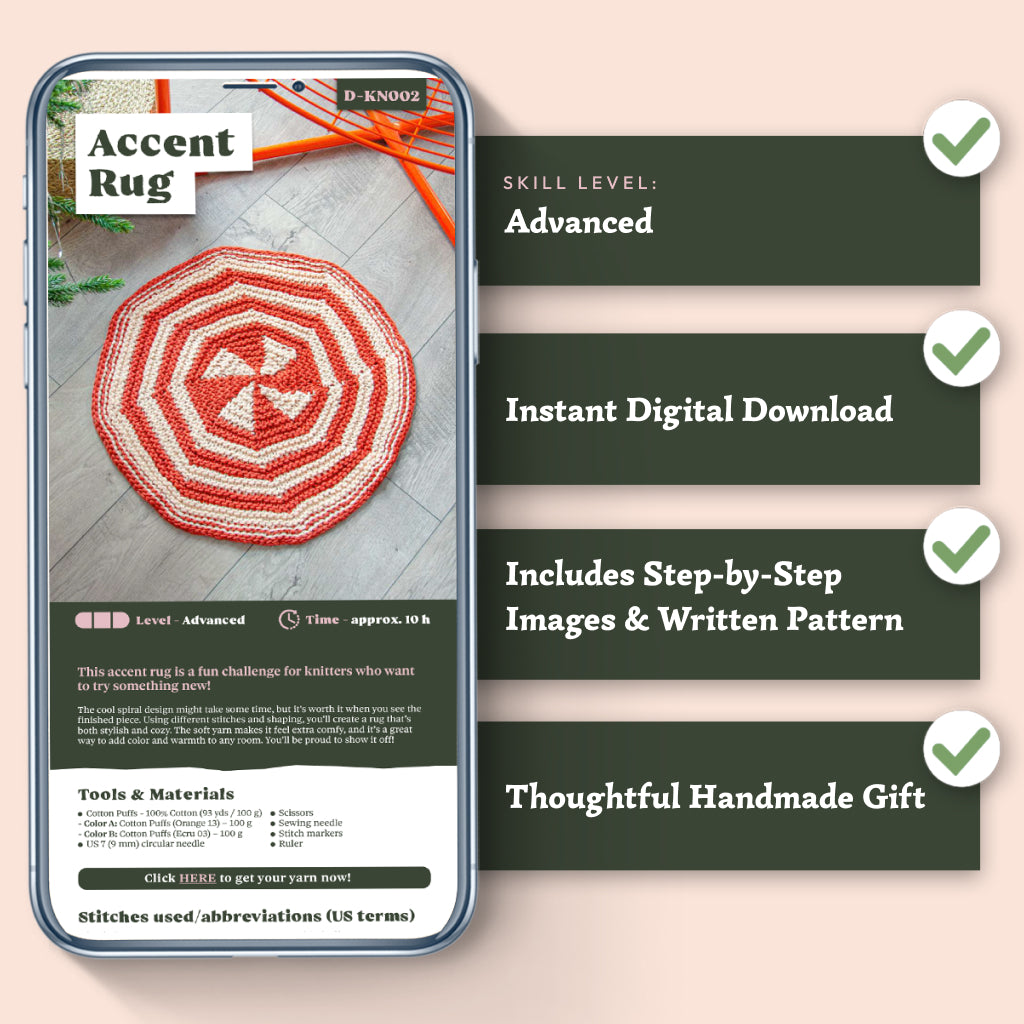 A phone displays the Accent Rug Knitting Pattern featuring a red and white spiral design, showcasing advanced techniques, digital download, step-by-step instructions, and gift potential. Four green checkmarks are shown.
