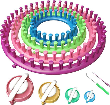 A lively Round Knitting Looms Set Craft Kit, complete with pegs, three pom-pom makers, and a multi-purpose DIY tool, beautifully showcased on a white background.