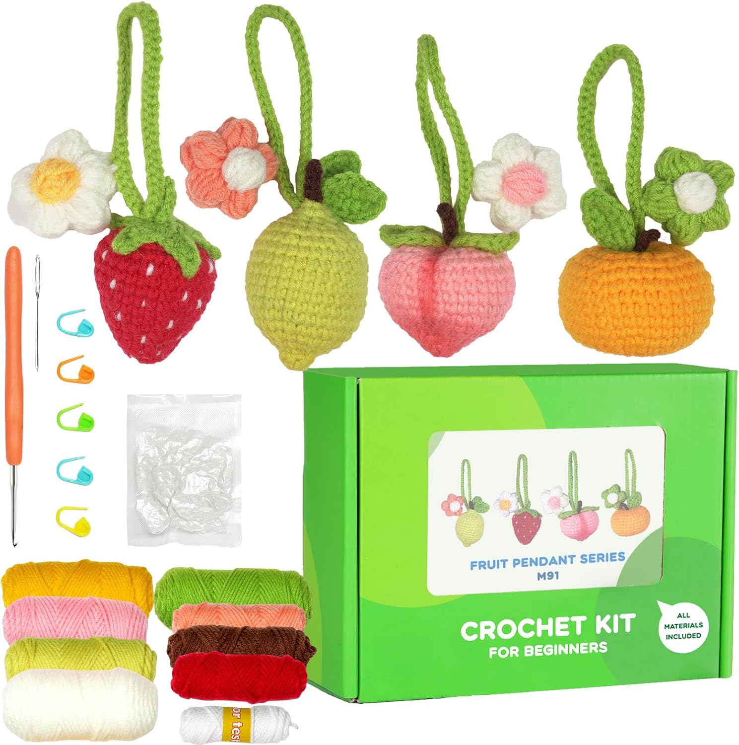 The Crochet Fruits Kit 4pcs is a beginner-friendly set with yarn, tools, and materials to make strawberry, lemon, peach, and apple keychains. It comes in a green box with easy instructions—perfect for your next DIY crochet project.