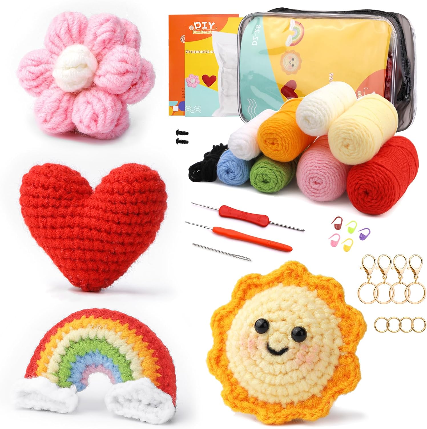 The Crochet Keychain Kit 4pcs includes colorful yarn, tools, instructions, and supplies to make cute flower, heart, rainbow, and smiling sun keychains—ideal for beginners or DIY handmade gifts.