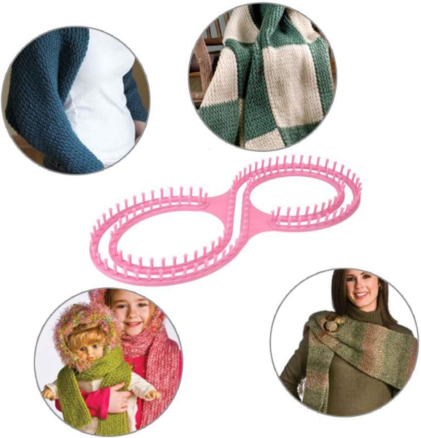 The Serenity Knitting Loom Board is presented alongside examples of cozy knitted scarves, charming doll's outfits, and soft blankets in surrounding circles.