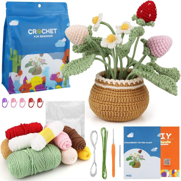 The Crochet Strawberry Plant Kit includes yarn, hooks, instructions, stitch markers, and all materials needed to make a delightful crochet strawberry plant—perfect for beginners.