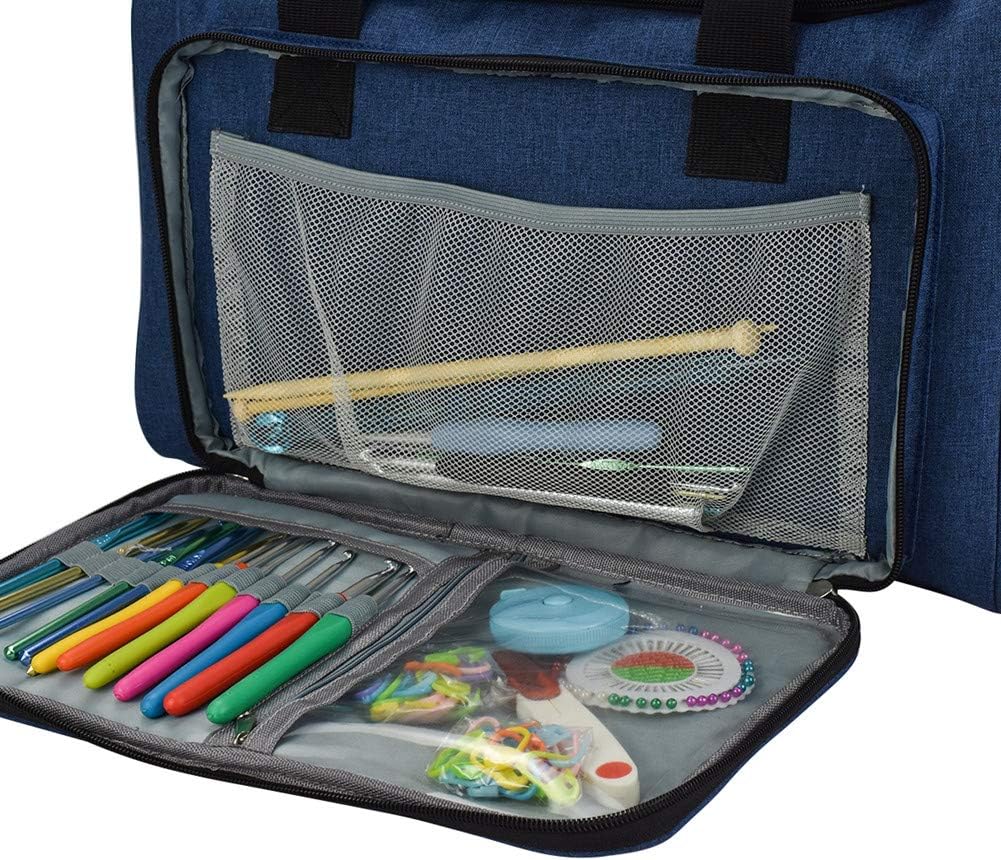 The Large Yarn Organizer Bag opens to reveal mesh and clear pockets neatly holding colorful hooks, pens, scissors, stitch markers, measuring tape, and knitting needles—making it the perfect storage solution for knitters.