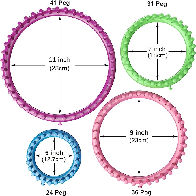 The Round Knitting Looms Set Craft Kit features four vibrant circular looms ideal for DIY projects: a purple loom with 41 pegs, a pink one with 36 pegs, a green loom with 31 pegs, and a blue one with 24 pegs. Each loom’s diameter is marked in both inches and centimeters. Perfect for crafting enthusiasts, these versatile looms are essential tools for every pompom creator.