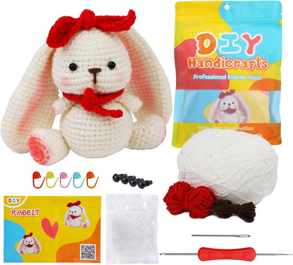 The Crochet Rabbit Kit is a beginner-friendly DIY set that includes yarn, a crochet hook, stuffing, safety eyes, stitch markers, instructions, and a finished sample bunny.