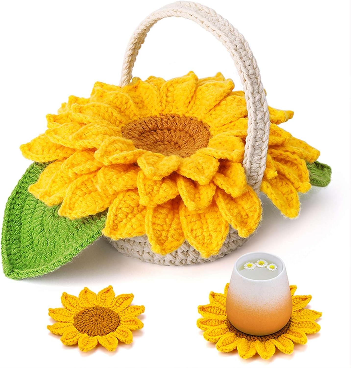 The Sunflower Pot Crochet Kit with 5pcs Coasters features a crocheted sunflower basket with handle, a matching sunflower coaster holding a candle, and extra coasters—all handmade and displayed on a white background.