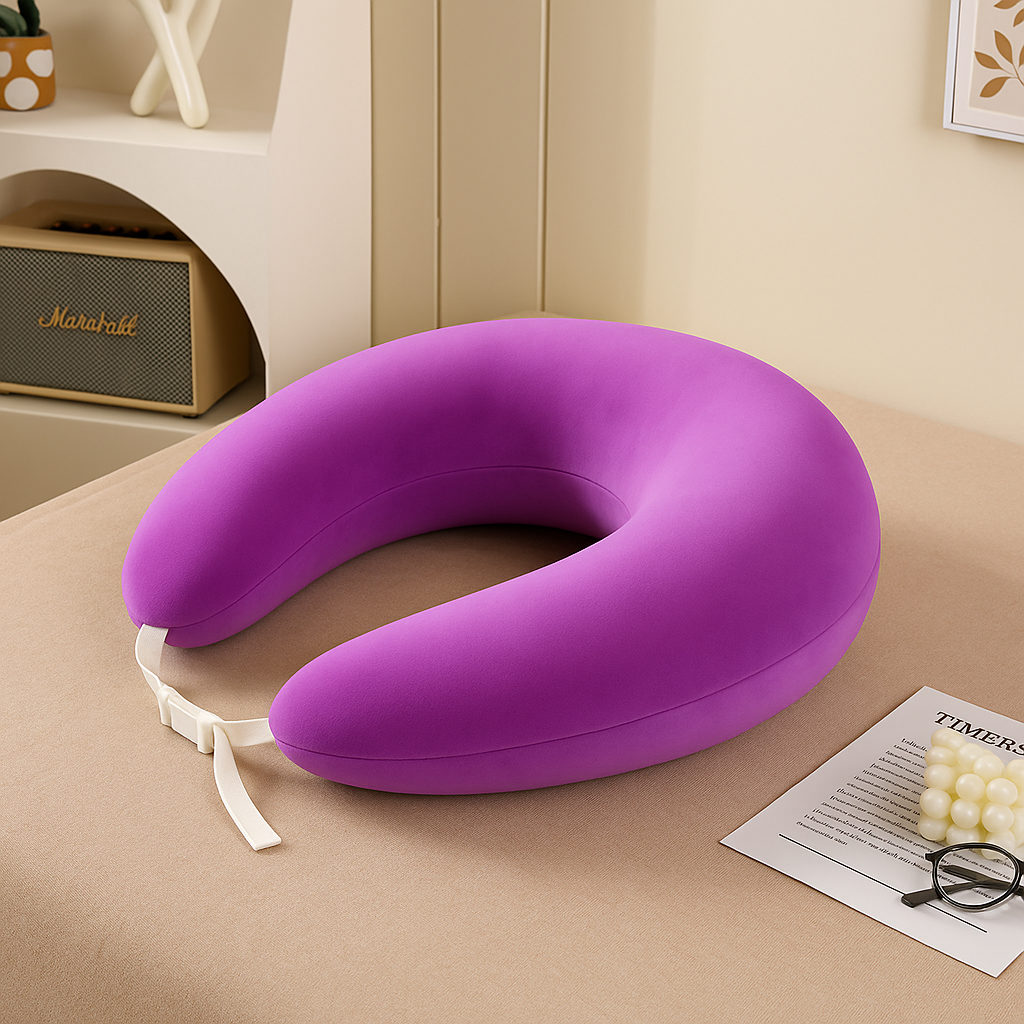 The Crochet & Knit Support Pillow—an ergonomic purple pillow with a white strap—rests on a beige surface near glasses, a magazine, and a pearl bracelet, ideal for crafters seeking comfort or pain relief while knitting or crocheting.