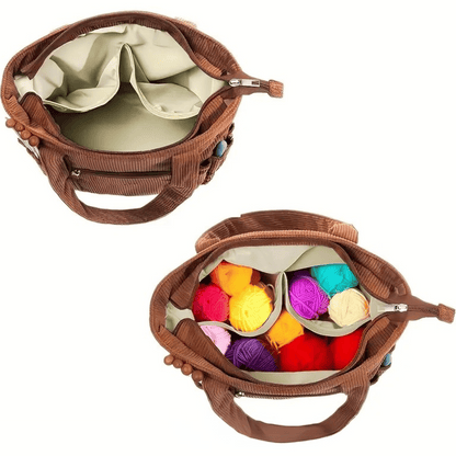 Two images of the Crochet & Knitting Organizer Tote: one shows its empty interior with pockets, and the other features it filled with colorful yarn skeins—ideal for tangle-free crafting and pairing with your flame ceramic yarn bowl.