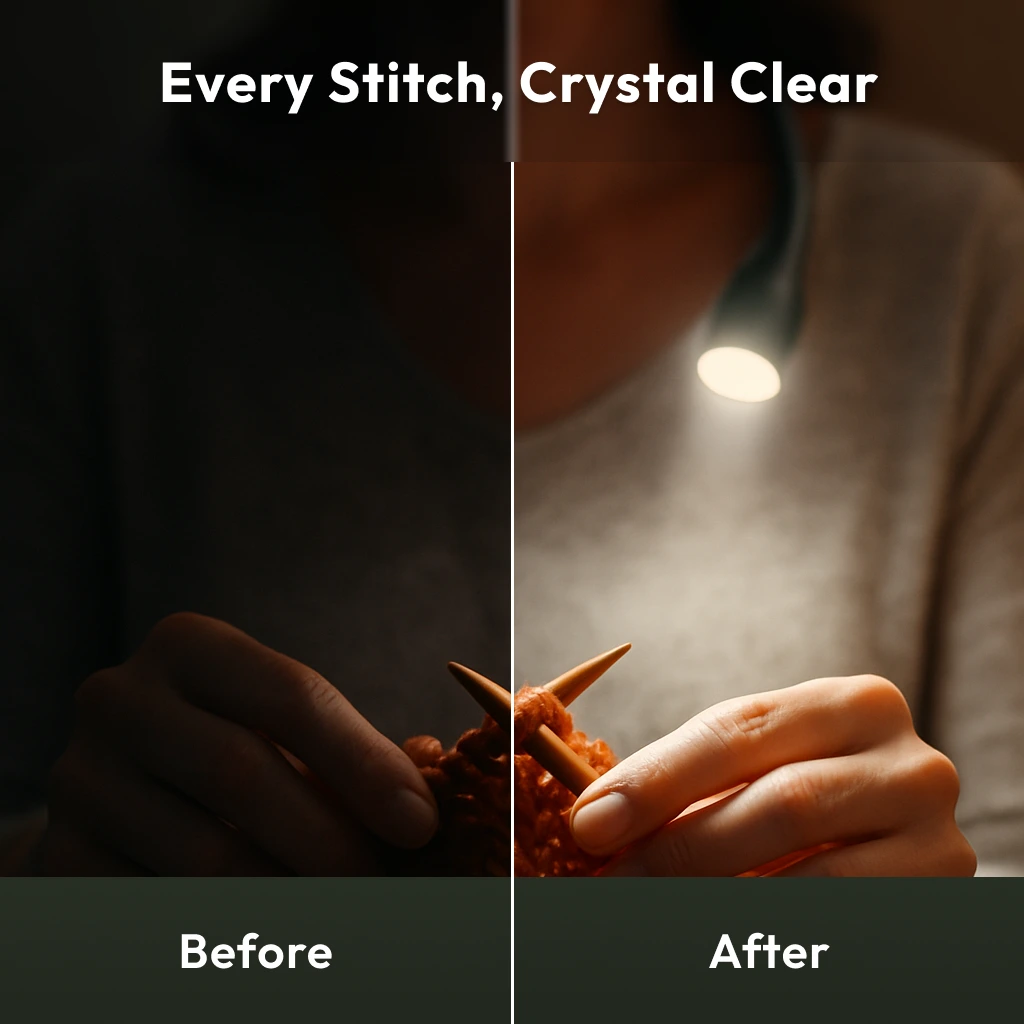 A split image shows a person knitting in dim light on the left (Before) and with a bright Crafting Neck Lamp on the right (After).
