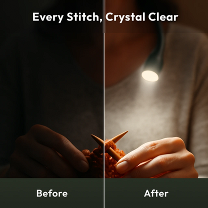 A split image shows a person knitting in dim light on the left (Before) and with a bright Crafting Neck Lamp on the right (After).