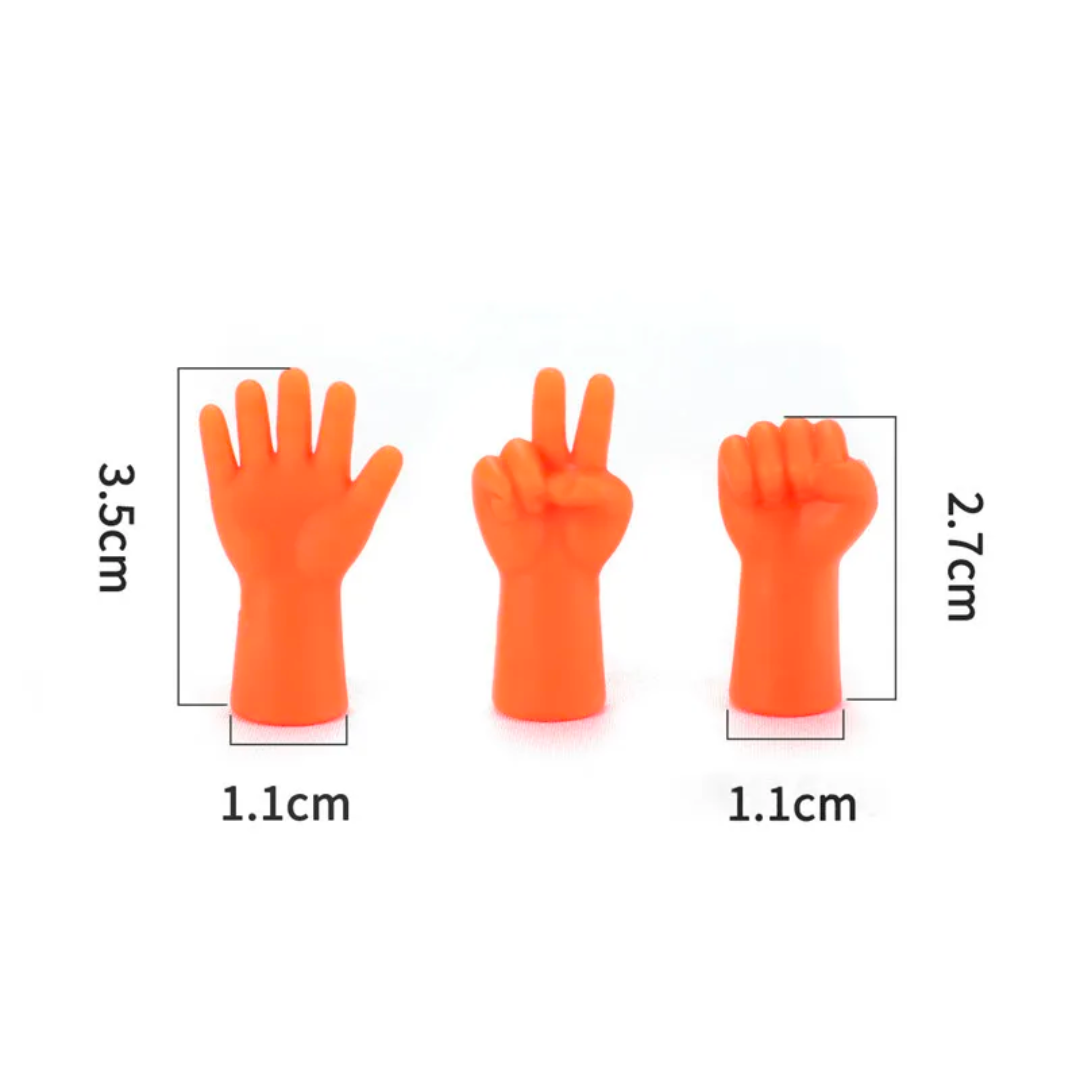 Three orange miniature rubber hands in vibrant colors and different gestures with size dimensions, serving as Knitting Needles Point Protectors 6pcs for knitting needles.