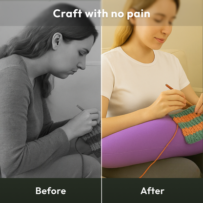 Split image: Left, "Before," woman crocheting hunched and unhappy; right, "After," she's upright and smiling with the Crochet & Knit Back Support Pillow. Text: "Craft comfortably—say goodbye to pain and enjoy arthritis relief!.