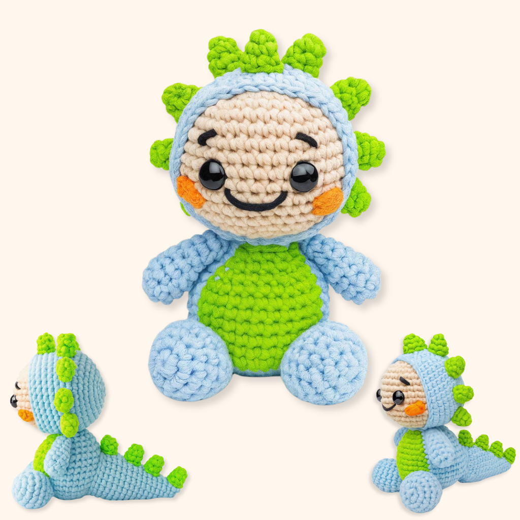 The Snuggle Squad – 10 Adorable Crochet PDF Patterns includes instructions to make cute dinosaur plush toys with blue bodies, green bellies, and spikes. Shown from multiple angles—a perfect addition to any crochet animals collection.