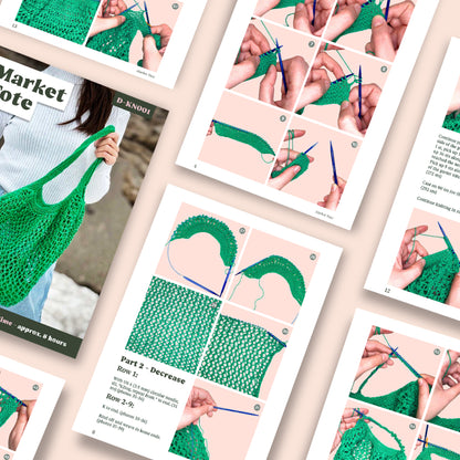 The Market Tote Knitting Pattern includes several instructional pages with step-by-step photos, beginner-friendly directions, and a cover image featuring a person holding the finished green market tote.
