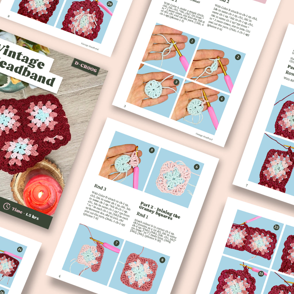 The Vintage Headband Crochet Pattern includes step-by-step photo and text instructions, featuring granny square motifs in red, pink, and white yarn.