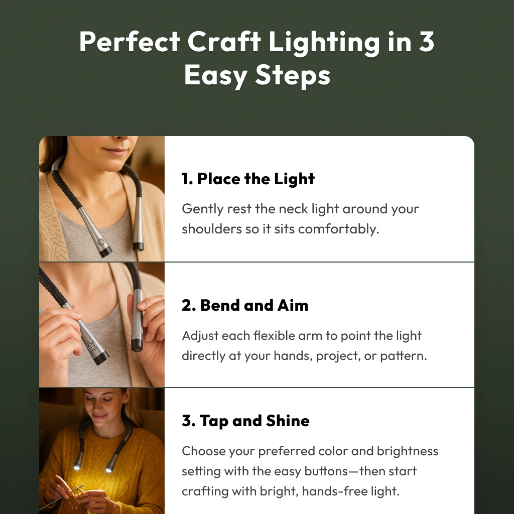 A person uses the Crafting Neck Lamp by resting it on their shoulders, bending its arms to direct light, and adjusting brightness with the built-in buttons.