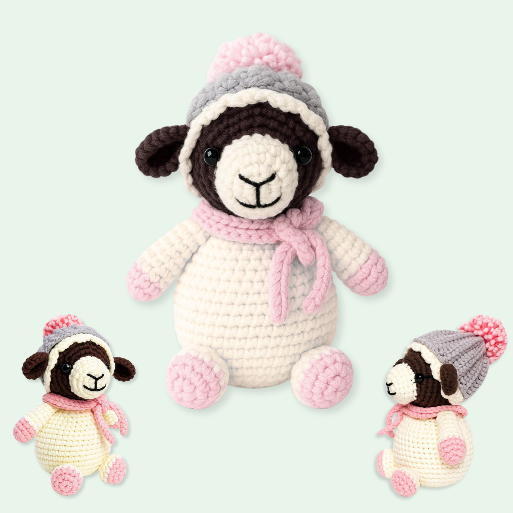 Three amigurumi lambs wear gray hats with pink pom-poms and pink scarves, displayed on a plain background—a charming project from The Snuggle Squad - 10 Adorable Crochet PDF Patterns for your collection.