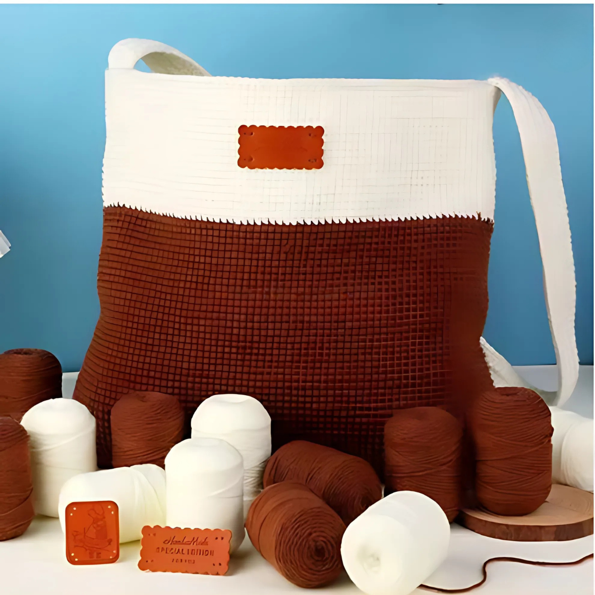 The Modern Crochet Tote Bag Kit features a large, two-toned brown and white tote bag surrounded by coordinating cotton yarn spools, all set against a blue background.