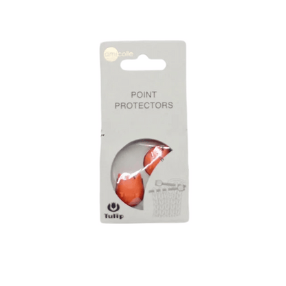 The packaging for Tulip Rubber Point Protectors Large, crafted for knitting needles, includes a transparent section that reveals the red rubber protectors inside. These durable protectors offer an anti-slip design to keep your knitting needles safe and secure.