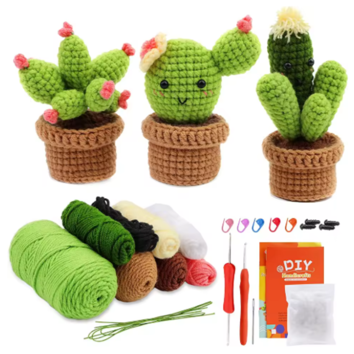 The Crochet Cactus Kit 3pcs includes yarn, hooks, needles, and all materials to make three cute cactus plushies in brown pots—perfect for crochet home decor and shown above the kit contents.