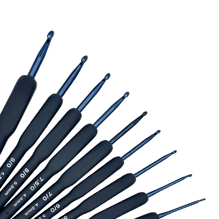 A 9 Pcs Blue Crochet Hook Set with Soft Handle, each labeled with different sizes, displayed in a fan arrangement against a white background—perfect for both beginners and experienced crafters.