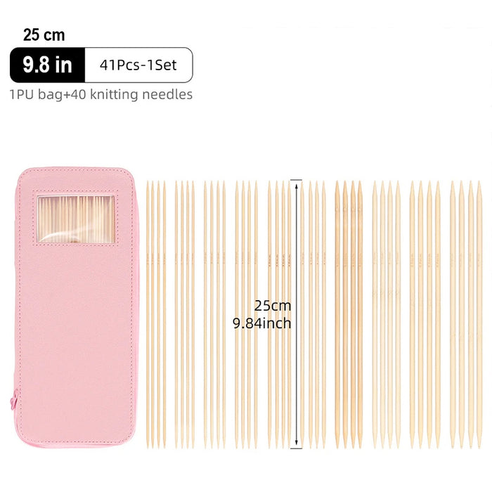 A pink zippered case and 40 Pcs Bamboo Knitting Needles with Case are shown. The needles, each 25 cm (9.8 inches) long, add a touch of elegance to your craft. This comprehensive set contains a total of 41 pieces.