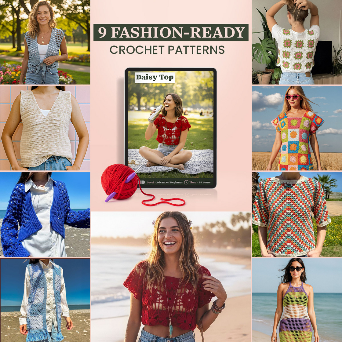 A collage features 9 trendy crochet tops, each modeled in various settings, with a tablet in the center displaying "9 Crochet Patterns for Trendy Top.