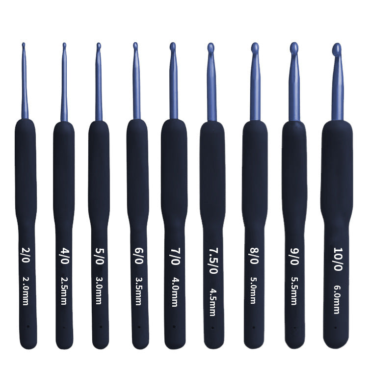 Explore the 9-piece blue crochet hook set with soft handles, featuring a range of sizes thoughtfully arranged for your creative projects.