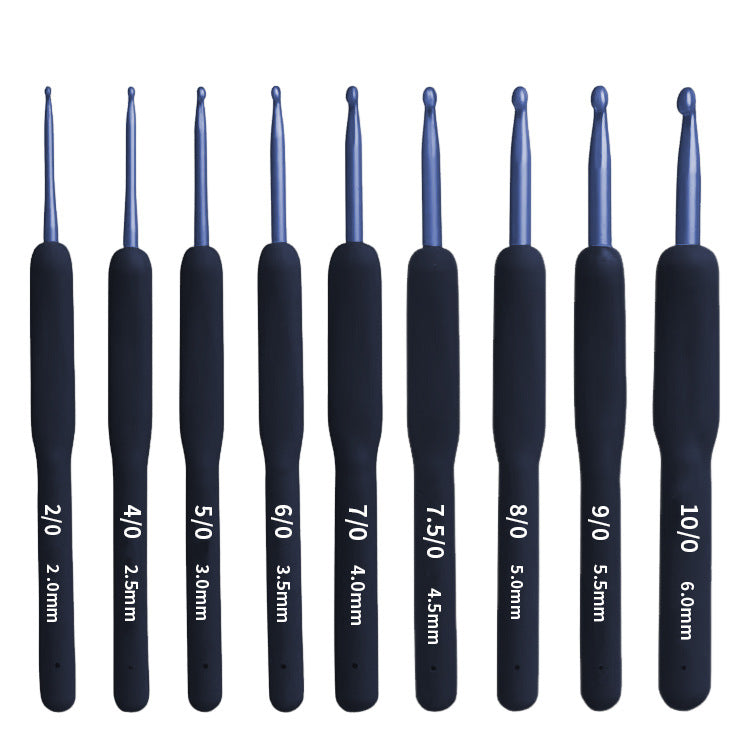 A set of ten ergonomic crochet hooks in various sizes, ranging from 2.0mm to 6.0mm, with black handles and silver hooks. Each hook is labeled with its respective size, making this **9 Pcs Blue Crochet Hook Set with Soft Handle** perfect for both beginners and experienced crafters.