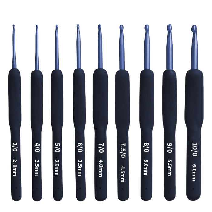 A set of ten ergonomic crochet hooks in various sizes, ranging from 2.0mm to 6.0mm, with black handles and silver hooks. Each hook is labeled with its respective size, making this **9 Pcs Blue Crochet Hook Set with Soft Handle** perfect for both beginners and experienced crafters.