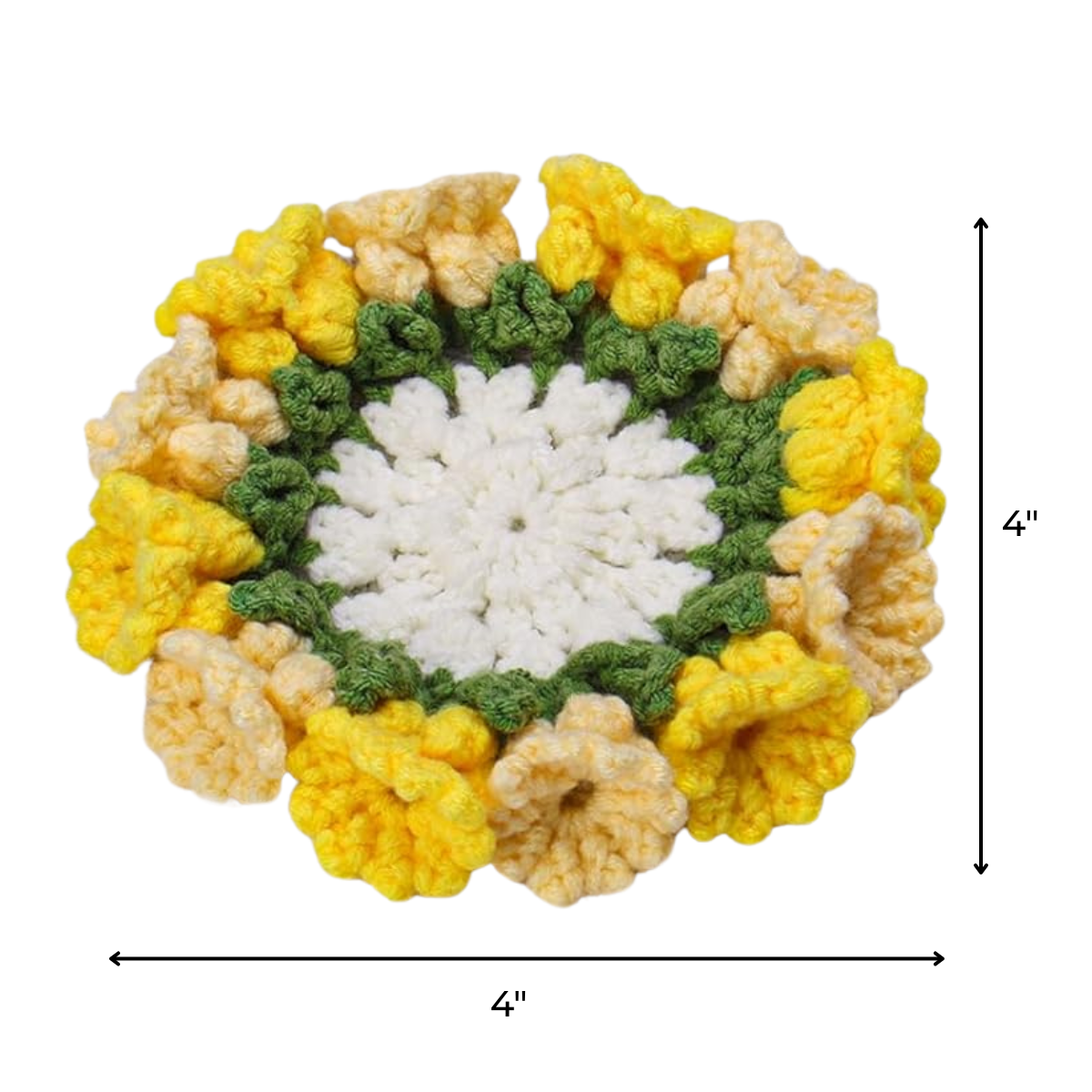 The Crochet Flower Coaster Kit 4pcs features round white, green, and yellow coasters, each 4 inches in diameter—ideal for adding a handmade touch to your table décor.