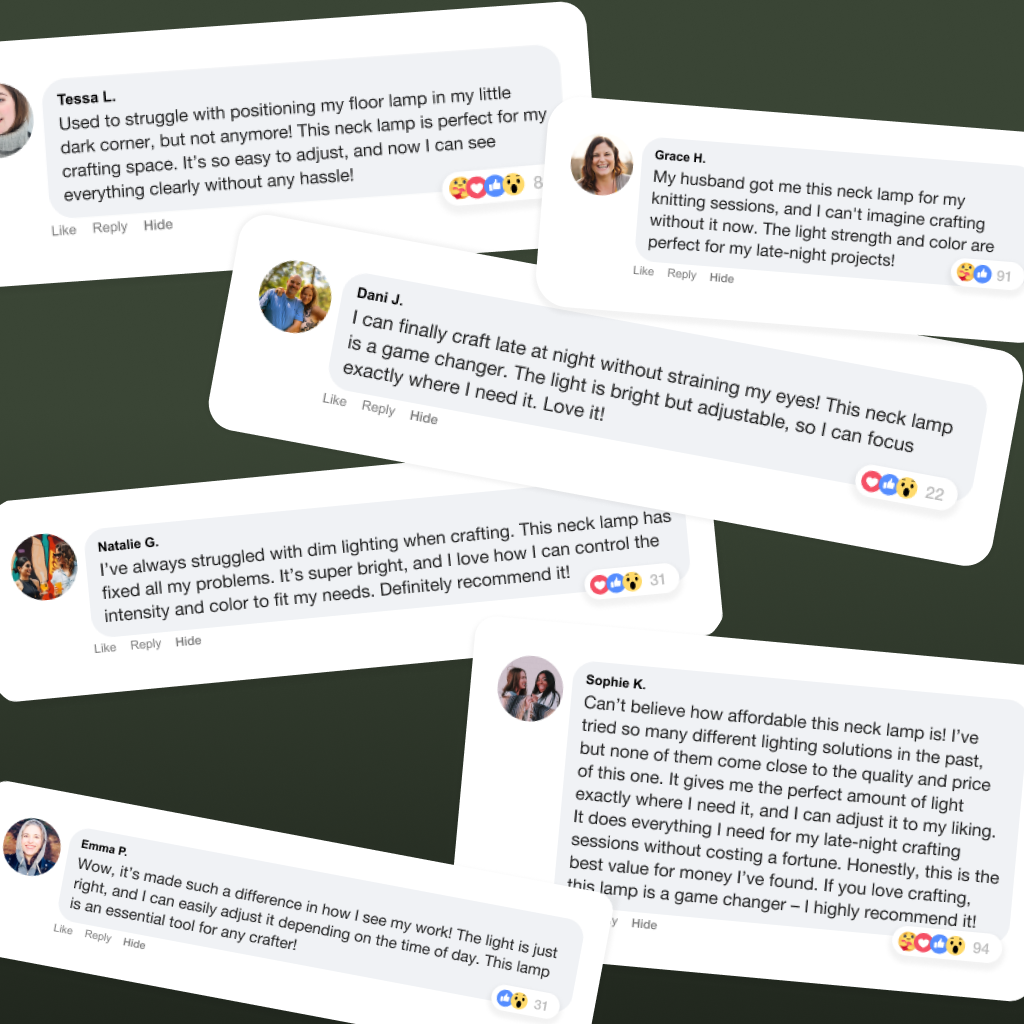 Several positive reviews highlight the Crafting Neck Lamp’s brightness, adjustable design, and usefulness for late-night crafting and detailed work.