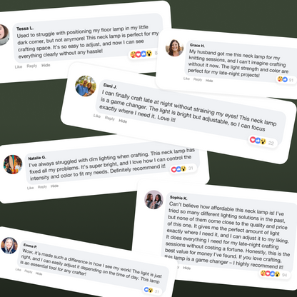 Several positive reviews highlight the Crafting Neck Lamp’s brightness, adjustable design, and usefulness for late-night crafting and detailed work.