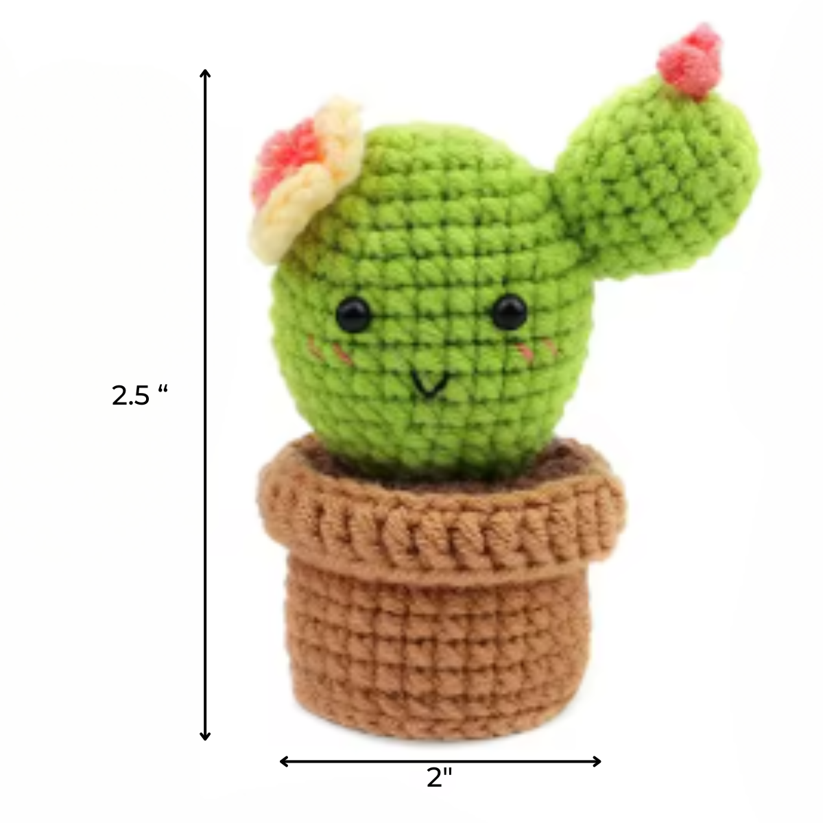 The Crochet Cactus Kit 3pcs features adorable crocheted cacti with pink flowers, black eyes, and smiles in brown pots. Each plush measures 2.5" tall and 2" wide—perfect for cute crochet home decor.
