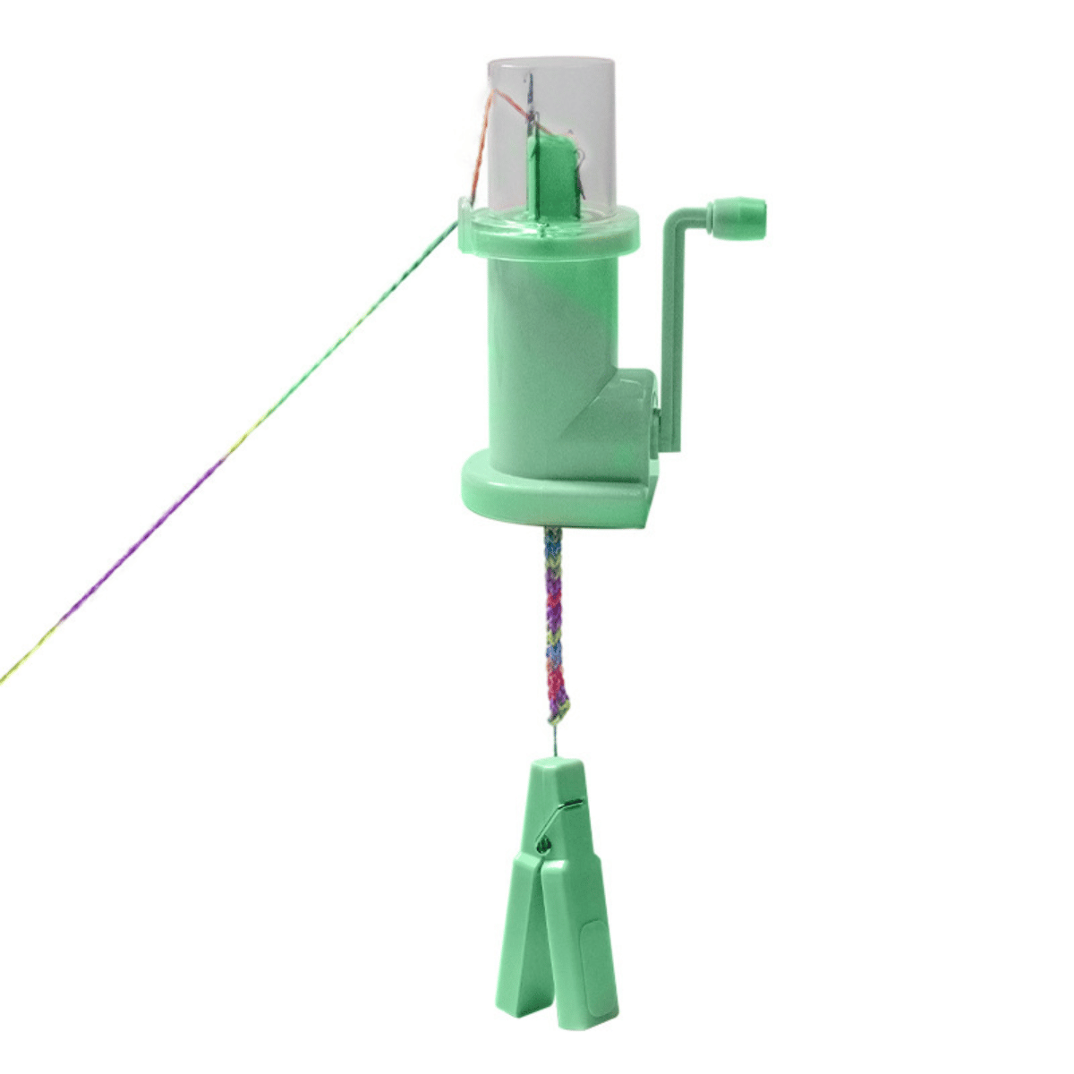 The i-Cord Knitting Machine is a green handheld device with a crank handle and multicolored yarn, creating braided cords with two green clips—ideal for easy I-cord making.