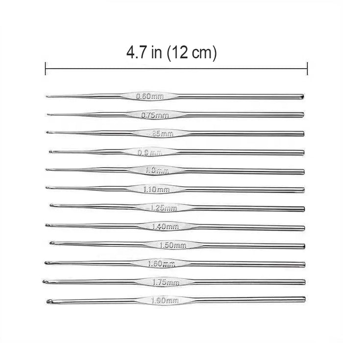 A premium set of twelve **Aluminum Crochet Hooks 12 Pcs** labeled with sizes ranging from 0.6 mm to 1.9 mm, each with a length of 4.7 inches (12 cm), ideal for intricate projects.
