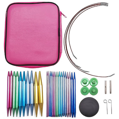 A pink zippered case containing an Aluminum Knitting Needle Set with Case, laid out on a white background.