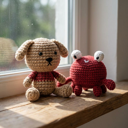 Crochet Amigurumi Kit: Pearl the Crab and Paws Peter Dog
