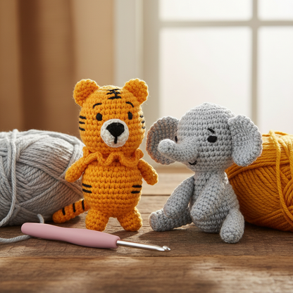 Crochet Amigurumi Kit - Elly the Elephant and Torey the Tiger