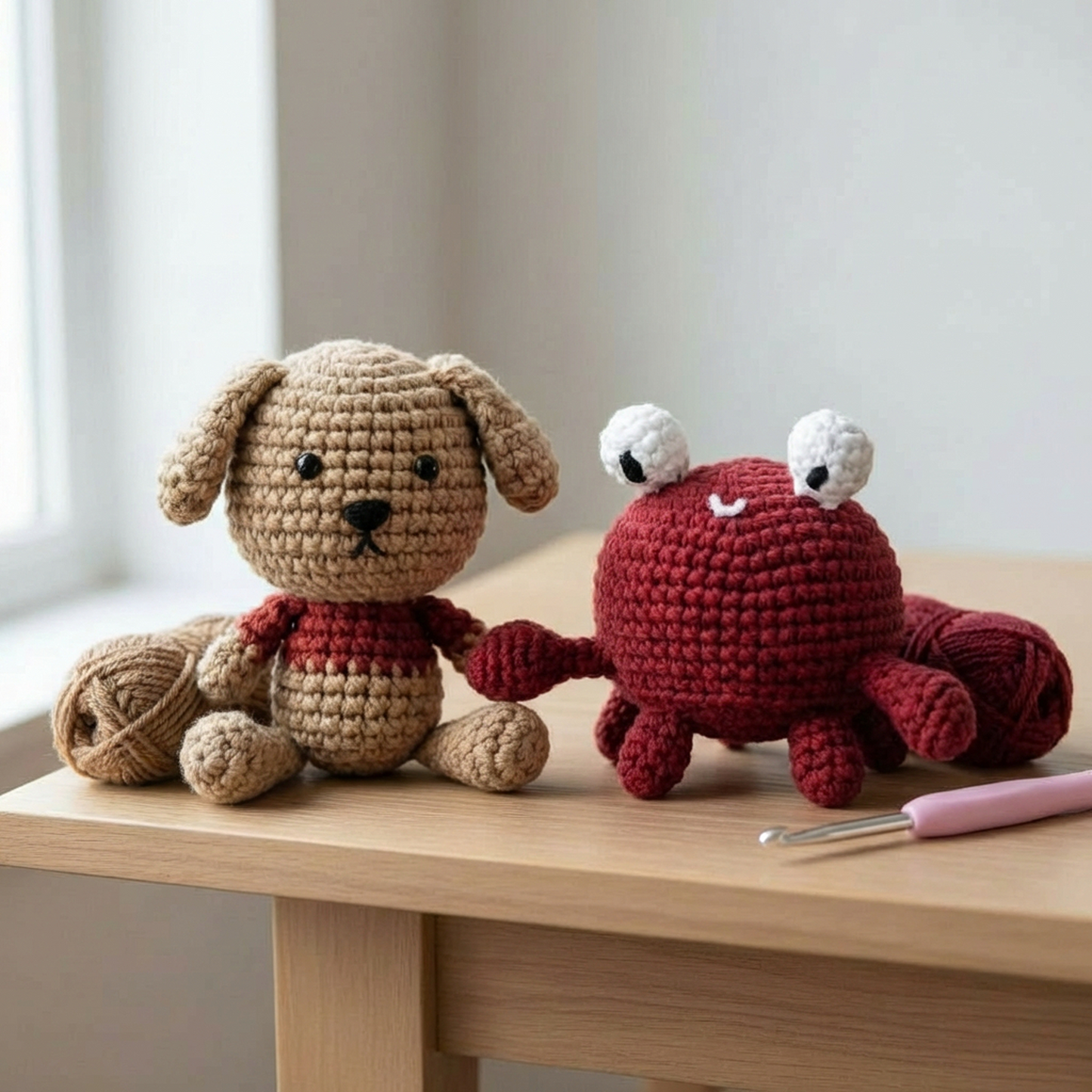 Crochet Amigurumi Kit: Pearl the Crab and Paws Peter Dog