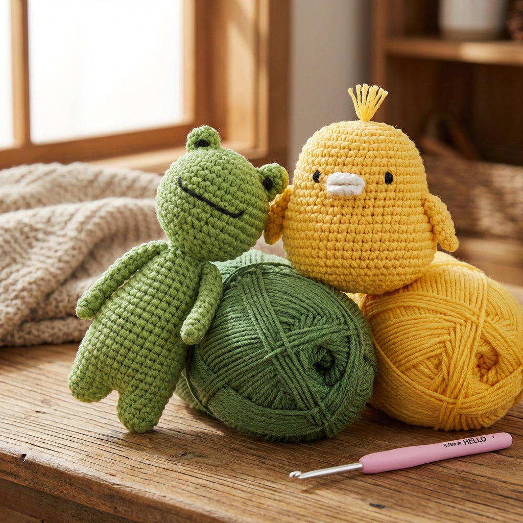 Crochet Amigurumi Kit: Colin the Chick and Trevor The Frog