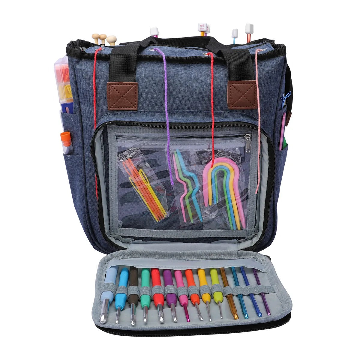 A well-organized Yarn Organizer Tote with colorful markers and knitting essentials.