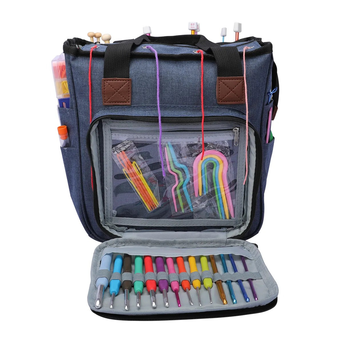 Open the Yarn Organizer Tote showing vibrant crochet hooks and yarn needles in a see-through pocket, with yarn for crocheting or knitting peeking out from the top.