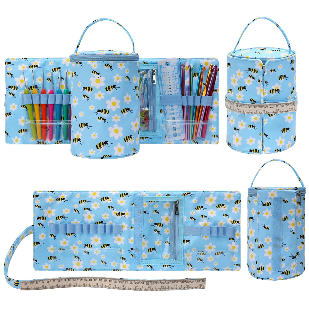 Compact Knitting Bag: Yarn Storage Organizer with bee and flower patterns, shown in various open and closed states, holding pens, pencils, and even crochet hooks, with a ruler for scale.